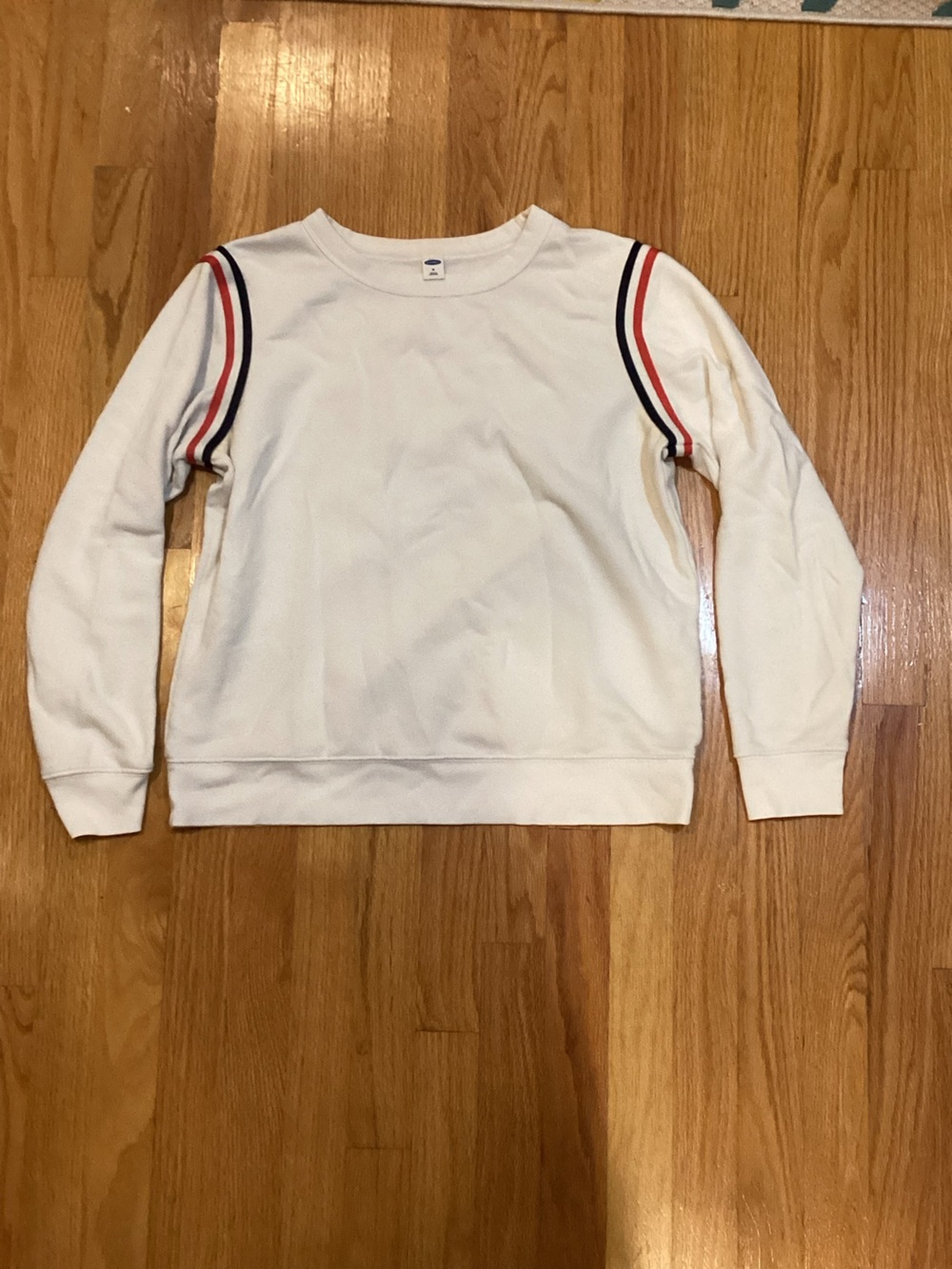 Cream Crewneck Sweatshirt with Red & Navy Stripe Detail